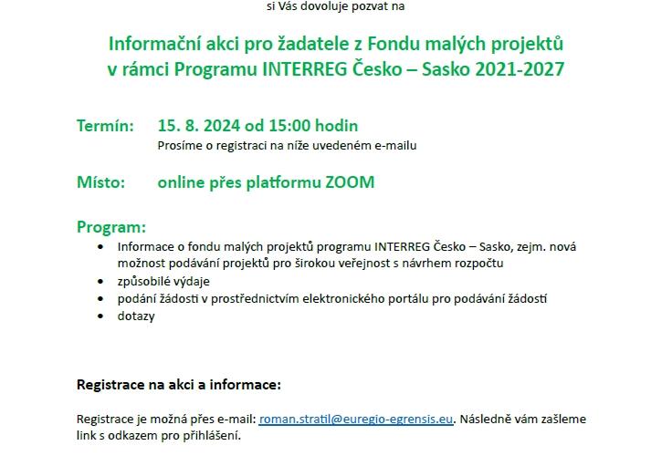 Informační akci pro žadatele z Fondu malých projektů v rámci Programu INTERREG Česko – Sasko 2021-2027